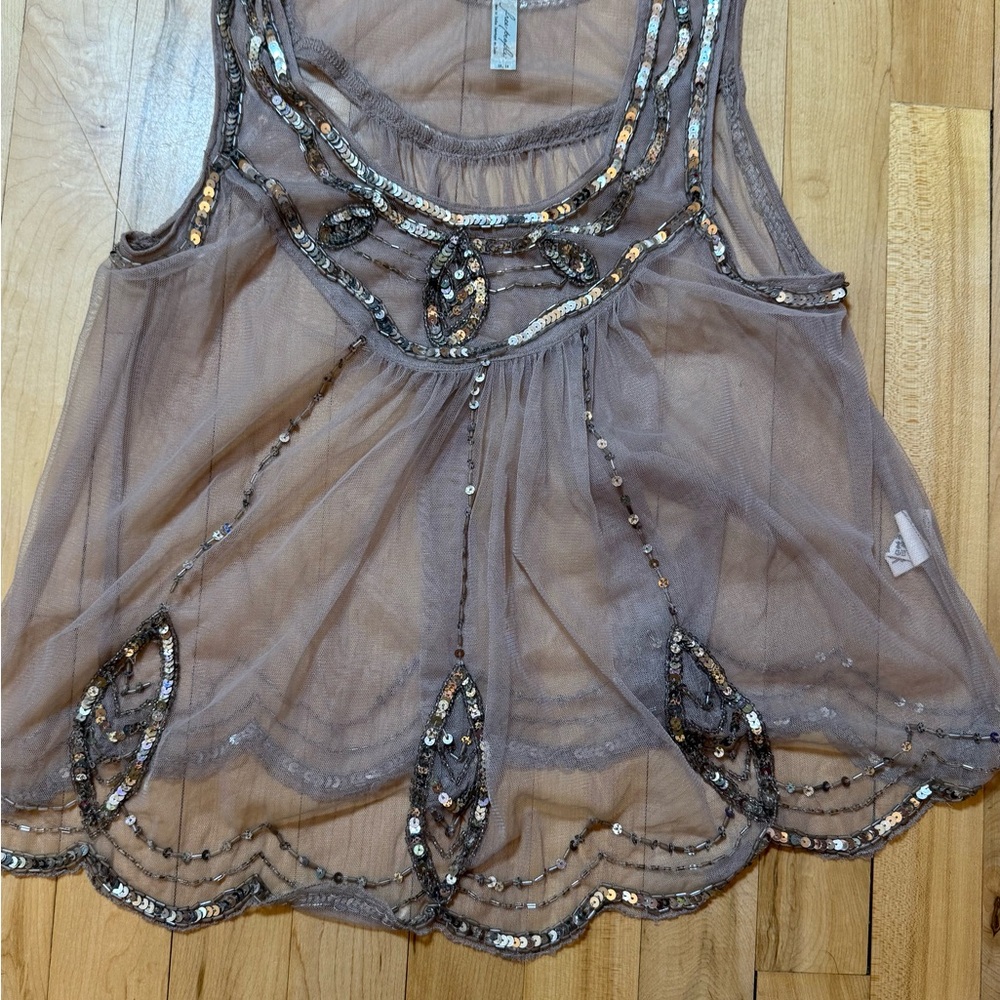 Free People Beige Mesh Top with embellishment